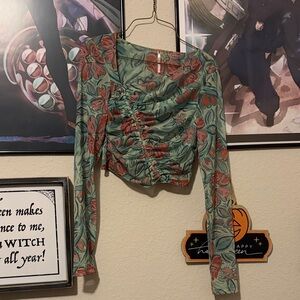 Free People Green and Coral Floral Ruched Long Sleeve Crop Top